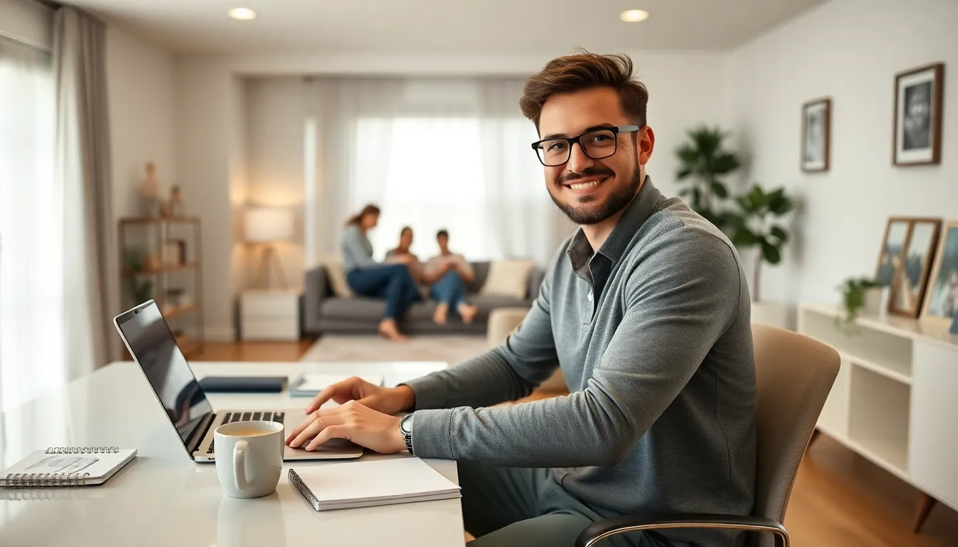 Small business owner balancing work and personal life in a home office.